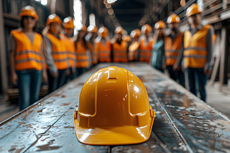 Group of factory workers in hardhats standing in a row.の素材