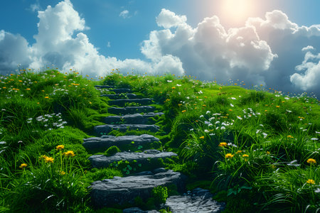 Beautiful spring landscape with grass and dandelions. 3d renderの素材