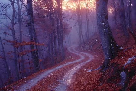 Foggy autumn forest in the mountains. Colorful autumn landscapeの素材