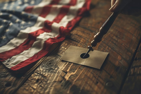A wooden table is depicted with an American flag neatly placed on its surface. The flag is neatly folded and prominently displayed, symbolizing patriotism and national pride. Generative AIの素材