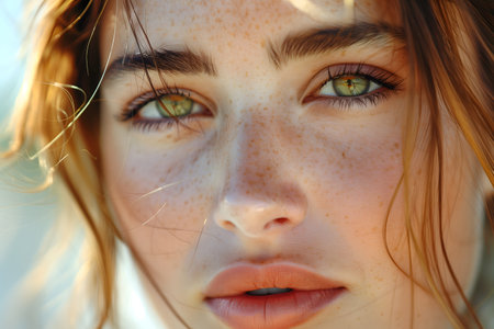 A Caucasian woman with freckles in her hair is looking directly at the camera with striking green eyes. Her features are defined by the contrast between her freckles and her dark hair. Generative AIの素材