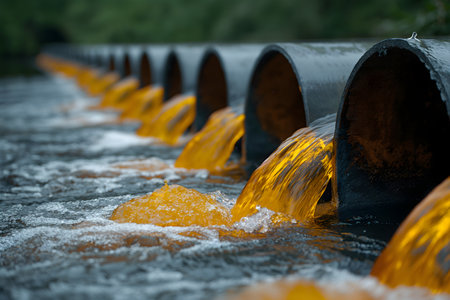 Various pipes interconnected and submerged in the water, creating a network of industrial infrastructure below the surface. The pipes are metallic and appear to be part of a larger system or facility. Generative AIの素材