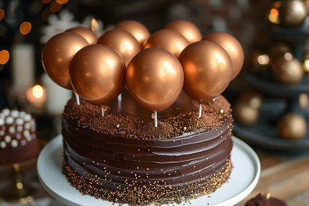 A decadent cake with rich chocolate frosting sits on a table, adorned with shiny gold balloons on top. The frosting is smooth and glossy, while the balloons add a touch of elegance to the celebration. Generative AIの素材