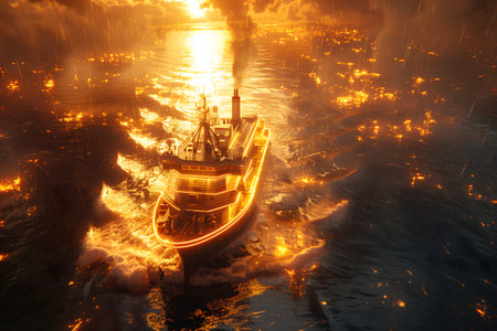 A sizable boat peacefully floats on the calm waterway beneath it. The boat appears sturdy and well-maintained as it glides effortlessly across the tranquil surface of the water. Generative AIの素材