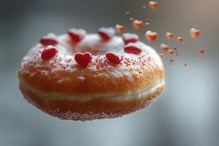A delicious donut topped with white icing and adorned with red sprinkles, ready to be enjoyed as a tasty treat. Generative AIの素材
