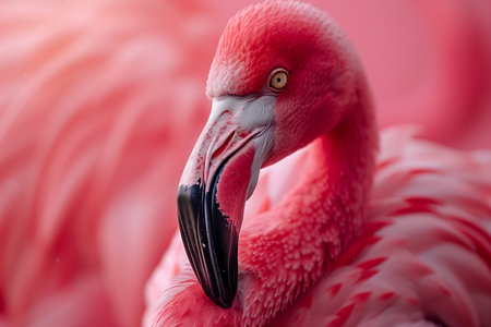 The close-up shows a pink flamingo standing gracefully, with its distinctive curved neck and vibrant plumage in sharp focus. The background is blurred, emphasizing the elegant details of the flamingo. Generative AIの素材
