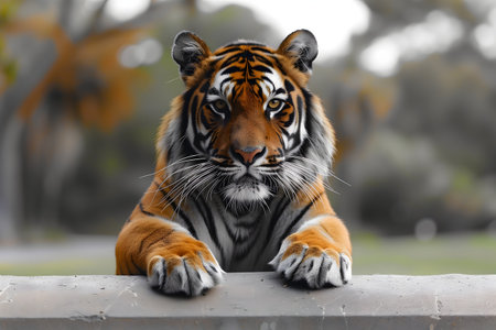 A large tiger is perched atop a cement wall, its powerful frame dominating the scene. The tigers intense gaze is fixed forward, showing alertness in its environment. Generative AIの素材