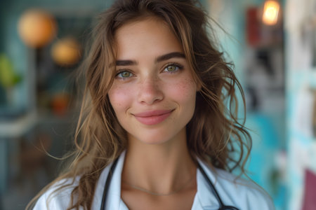 A female healthcare professional wearing a stethoscope is shown standing in front of a plain wall, ready to provide medical assistance. She appears focused and ready to engage in patient care. Generative AIの素材
