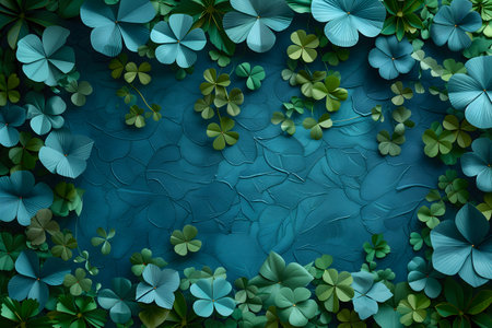 A blue background covered with vibrant green leaves and delicate flowers. The leaves are varied in shape and size, creating a dynamic and lush composition. Brightly colored flowers add pops of contrast and detail to the scene. Generative AIの素材