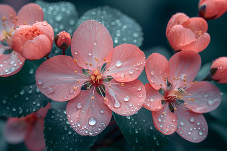 A cluster of vibrant pink flowers covered in tiny water droplets, reflecting the surrounding light. The water droplets glisten on the petals, adding a fresh and dewy appearance to the flowers. Generative AIの素材