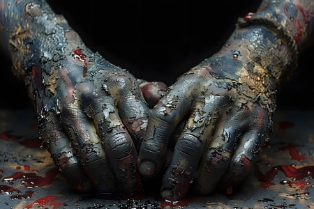 A close-up view of a persons hands completely covered in vibrant paint, showcasing the texture and colors of the artwork being created. The hands are engaged in painting, with smudges and drips visible on the skin. Generative AIの素材