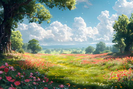 A painting depicting a vibrant field filled with various colorful flowers and lush green trees under a blue sky. The flowers are in full bloom, and the trees are in different stages of growth. Generative AIの素材