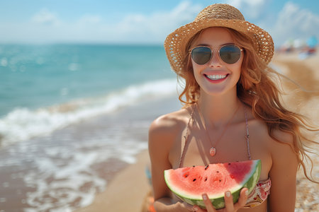 A woman wearing a chic hat and sunglasses standing outdoors while holding a slice of juicy watermelon. The woman looks stylish and relaxed as she enjoys the refreshing fruit on a sunny day.の素材