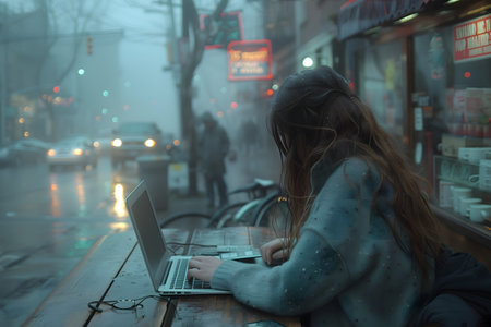 A woman sits on a bench in a public park, focused on her laptop computer screen. She appears to be typing and browsing the internet, with a concentrated expression on her face.の素材