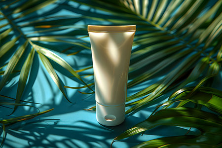 A tube of cream is placed on top of a vibrant green plant, creating a contrast between the man-made object and the natural foliage. The smooth texture of the cream stands out against the rough leaves of the plant.の素材