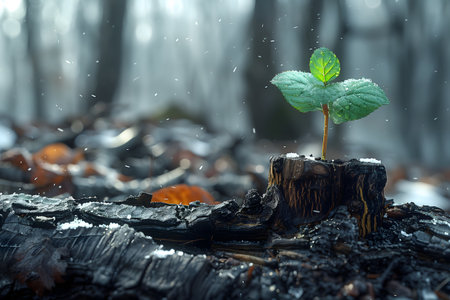 A small green plant emerges from a decaying tree stump, symbolizing resilience and new life in a natural setting. The plants tender shoots contrast with the rough texture of the stump, highlighting the cycle of growth and decay in the ecosystem.の素材