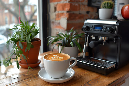 A cup of coffee sits atop a sturdy wooden table, casting a warm and inviting aroma. The steam gently rises from the hot beverage, creating a cozy atmosphere in the room.の素材