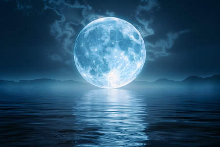 The full moon hangs in the sky, casting a bright glow over a body of water below. The water reflects the moons light, creating a shimmering effect on its surface. Generative AIの素材