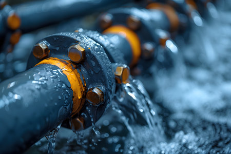 In this close-up shot, a pipe can be seen with water gushing out of it. The water appears to be flowing in a steady stream, creating a dynamic visual effect. Generative AIの素材