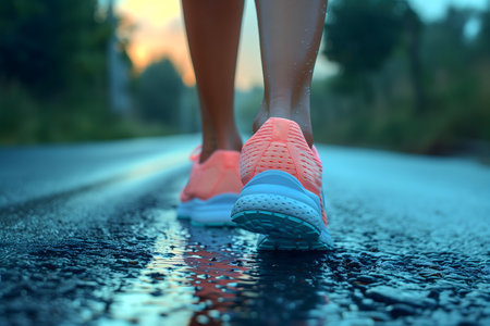 A close-up view of a persons feet as they walk on a wet road. The asphalt glistens with rainwater, creating a reflective surface as the feet make their way forward. Generative AIの素材