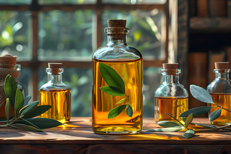 A wooden table is adorned with various bottles filled with golden-hued olive oil. The bottles are of different shapes and sizes, showcasing a range of olive oil varieties. Generative AIの素材