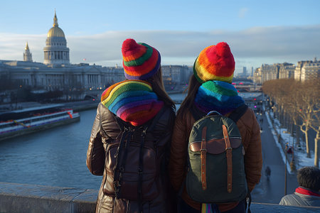 In the image, two individuals are standing on a bridge spanning a river, gazing at the flowing water below. The bridge offers a vantage point for admiring the rivers view. Generative AIの素材