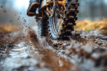 A dirt bike is seen riding through a large puddle of water, creating splashes and ripples as it moves forward. The rider is dressed in protective gear and is skillfully maneuvering the bike through the wet terrain.の素材