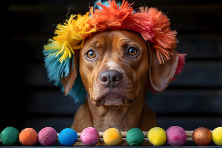 A brown dog is sitting next to a row of colorful balls. The dog is wearing a vibrant hat on its head. The scene is playful and cheerful, with the balls lined up neatly beside the dog.の素材