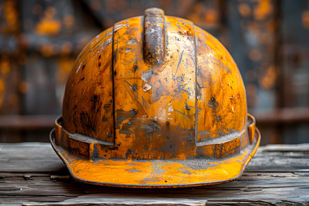 A yellow hard hat is placed on top of a wooden table. The hard hat stands out against the brown table, showcasing its bright color and sturdy construction.の素材