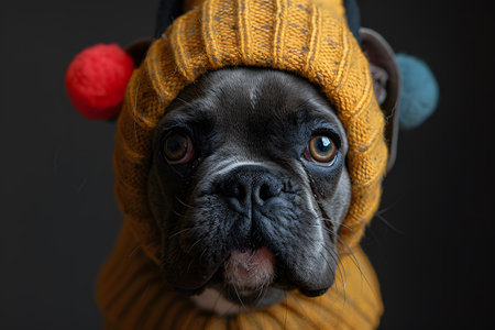 A black dog is dressed in a yellow hat and sweater. The dog stands in a field, looking adorable and stylish in its outfit. The colorful clothing contrasts beautifully against the dogs dark fur.の素材