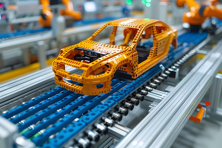 A toy car moves along a conveyor belt in a factory, part of the manufacturing process. The automated system transports the small vehicle, showcasing industrial production.の素材