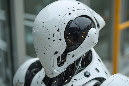 A detailed view of a robots head and shoulders, featuring a helmet securely fastened on its metallic surface. The helmet has various functional elements and looks sturdy and high-tech.の素材