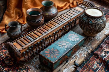 Several vases of varying sizes and shapes are arranged neatly on top of a patterned rug. The vases are made of glass, ceramic, and metal, creating a visually interesting display.の素材