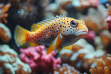 A fish gracefully glides through the water, its scales glistening under the light as it propels itself forward with swift movements. The aquatic creature navigates effortlessly, showcasing its agility in its natural habitat. Generative AIの素材