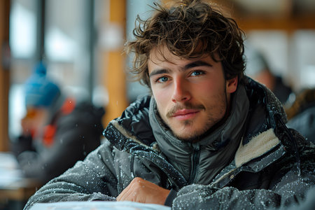 A man is sitting at a wooden table, facing a plate of food. He appears to be about to eat or is in the middle of enjoying his meal. The setting suggests a dining area or restaurant.の素材