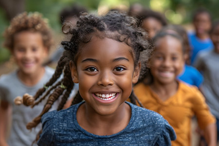A group of diverse young children, ranging in age from 5 to 10, are walking down a bustling urban street. They are dressed in casual clothing and are chatting and laughing as they make their way down the sidewalk.の素材