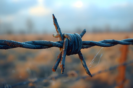 A detailed view of a barbed wire fence, showing the sharp metal wires twisted together to form a barrier. The fence is weathered, with rust and dirt accumulation visible.の素材