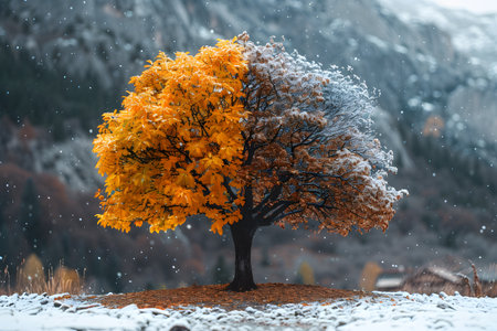 Two trees with bare branches covered in snow, standing in a winter landscape. The white snow contrasts with the dark tree trunks and branches.の素材