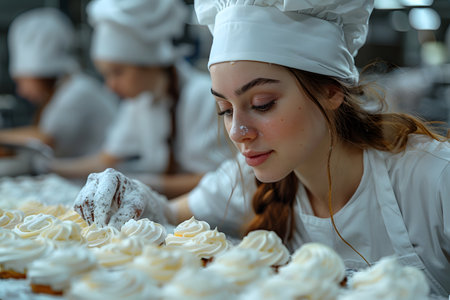 A skilled woman wearing a chefs hat meticulously decorating a cake with intricate designs. She is focused and precise, adding the finishing touches to create a visually appealing dessert.の素材