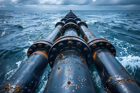 A large industrial pipe rises from the depths of the ocean, stretching towards the surface. The vast expanse of water surrounds the pipe, emphasizing its imposing presence in the marine environment.の素材