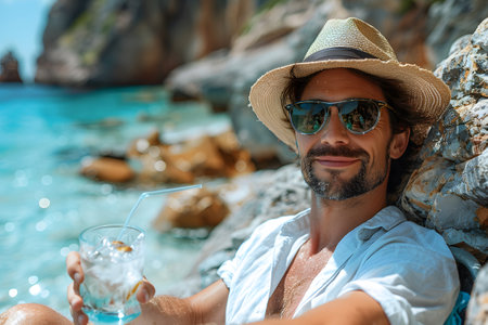 A man wearing a hat and sunglasses holds a drink in his hand. He is standing outdoors, with a casual expression on his face, enjoying the moment.の素材
