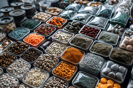 A table is covered with a variety of different types of food such as fruits, vegetables, meats, cheeses, bread, and desserts. The spread includes dishes from various cuisines and is rich in colors, textures, and flavors.の素材