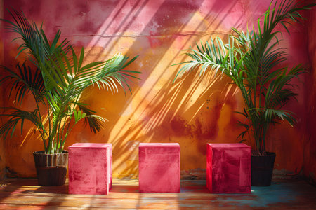 Three identical pink cubes are positioned in front of a pink wall. The cubes are perfectly aligned in a row, each casting a shadow on the wall behind them. Generative AIの素材