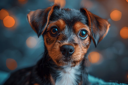 A small dog with brown and black fur and striking blue eyes is sitting calmly. The dogs ears are perked up and it appears alert, with a curious expression on its face. Generative AIの素材