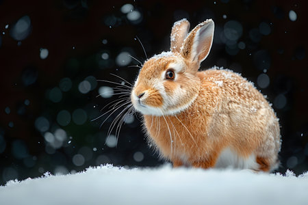 A small rabbit with white fur is seated in the snow, surrounded by a blanket of freshly fallen white snowflakes. The rabbit appears alert and observant, with its ears upright and body still.の素材