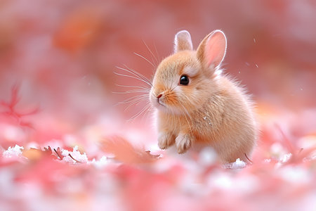 A small brown rabbit is sitting on top of a field filled with colorful flowers. The rabbit is surrounded by a variety of blossoms, including daisies, tulips, and daffodils. The scene captures the rabbit calmly enjoying the vibrant floral landscape.の素材