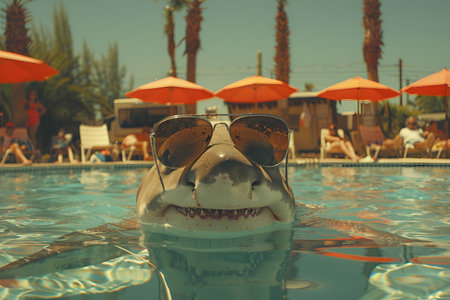 A shark with glasses swims in the poolの素材