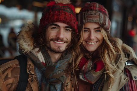 A man and a woman are depicted in the picture, both wearing hats and scarves. The mans hat is grey and the womans is red, matching their scarves. They are both standing side by side, looking at the camera. Generative AIの素材