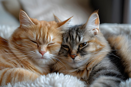 A couple of cats are seen laying next to each other on a cozy bed. The cats are peacefully sleeping, their fur shining under the soft light of the room. Their bodies are relaxed, tails gracefully draped over the side of the bed. Generative AIの素材