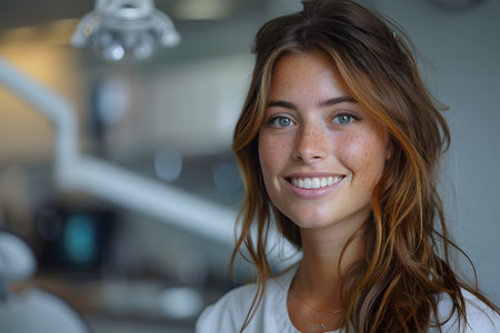 A beautiful young woman is standing in front of a sink, with her hands resting on the countertop. She appears focused and engaged in a task. The sink is clean and shiny, reflecting the womans image. Generative AIの素材